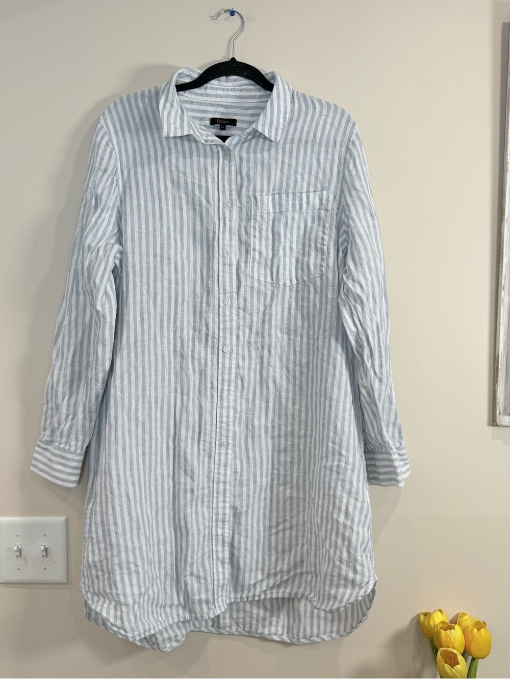🔥Quince Women’s Button-Down Striped Longline Shirt Light Blue Size XL EC🔥